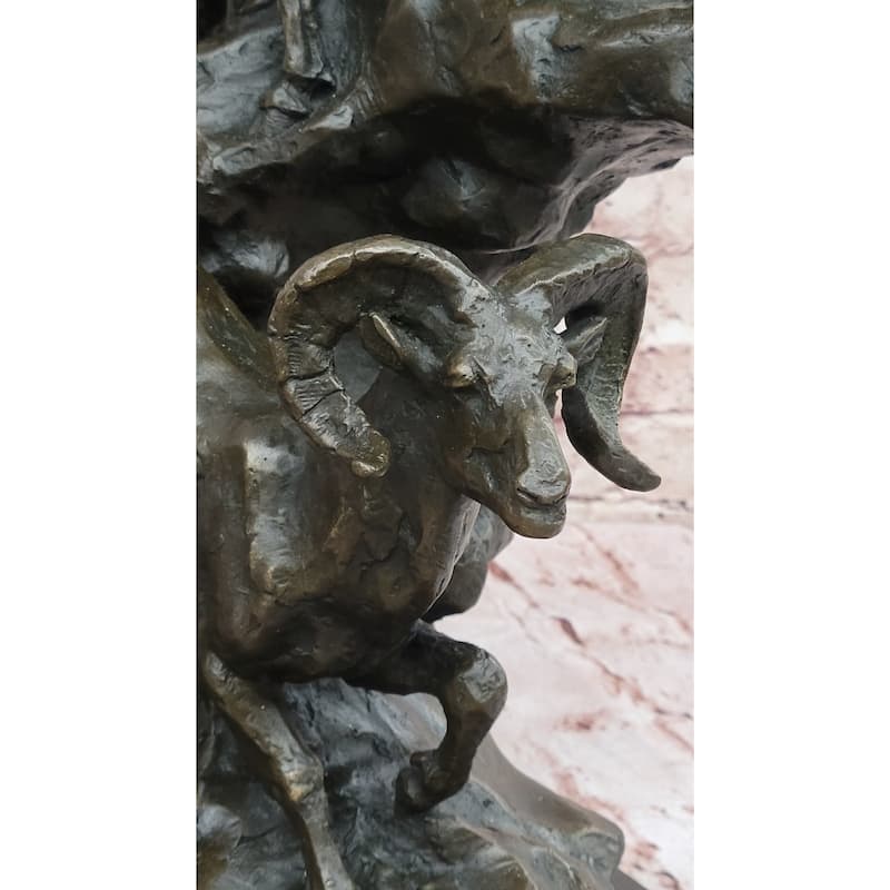 Dynamic Bronze Sculpture Of Rams On Rocky Outcrop – Wildlife Scene On Marble Base