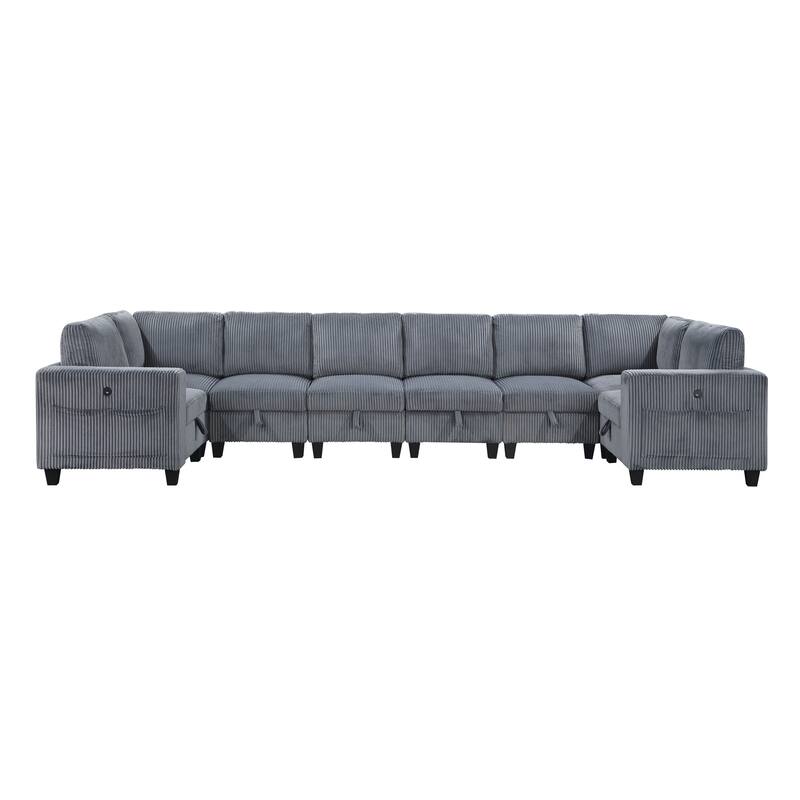 8-Piece Modular Sectional with Storage, Pockets, Ports in Dark Gray Corduroy, Solid Wood