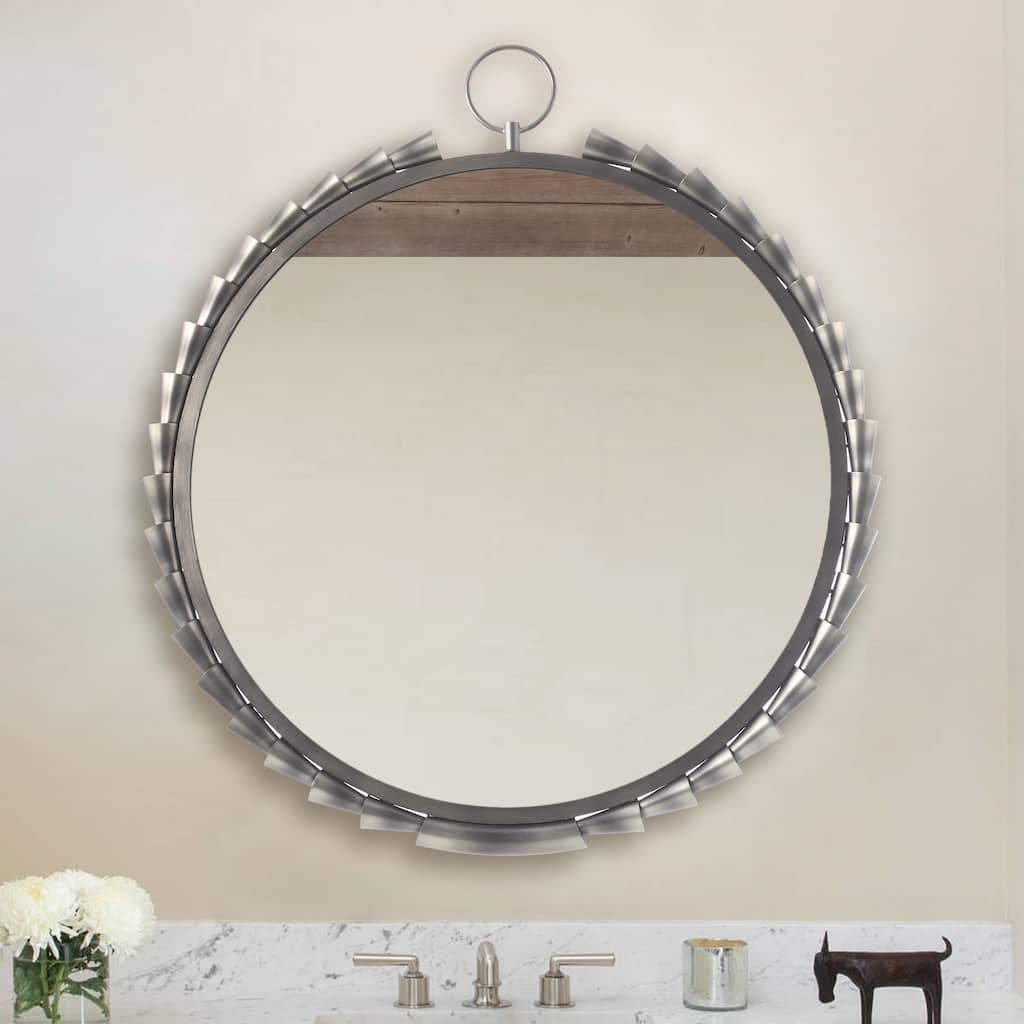37" Industrial Chrome Framed Round Decorative Wall Bathroom Vanity Mirror