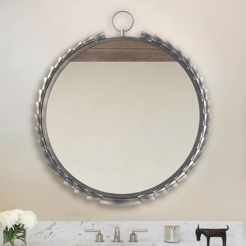 37" Industrial Chrome Framed Round Decorative Wall Bathroom Vanity Mirror - Silver