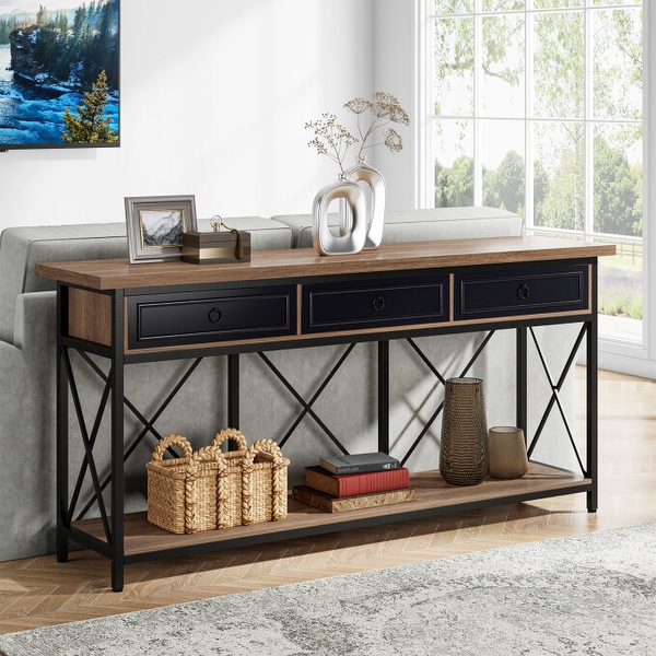 70.8 Console Table Farmhouse Entryway Table with 3 Drawers On Sale Bed Bath Beyond 37355690