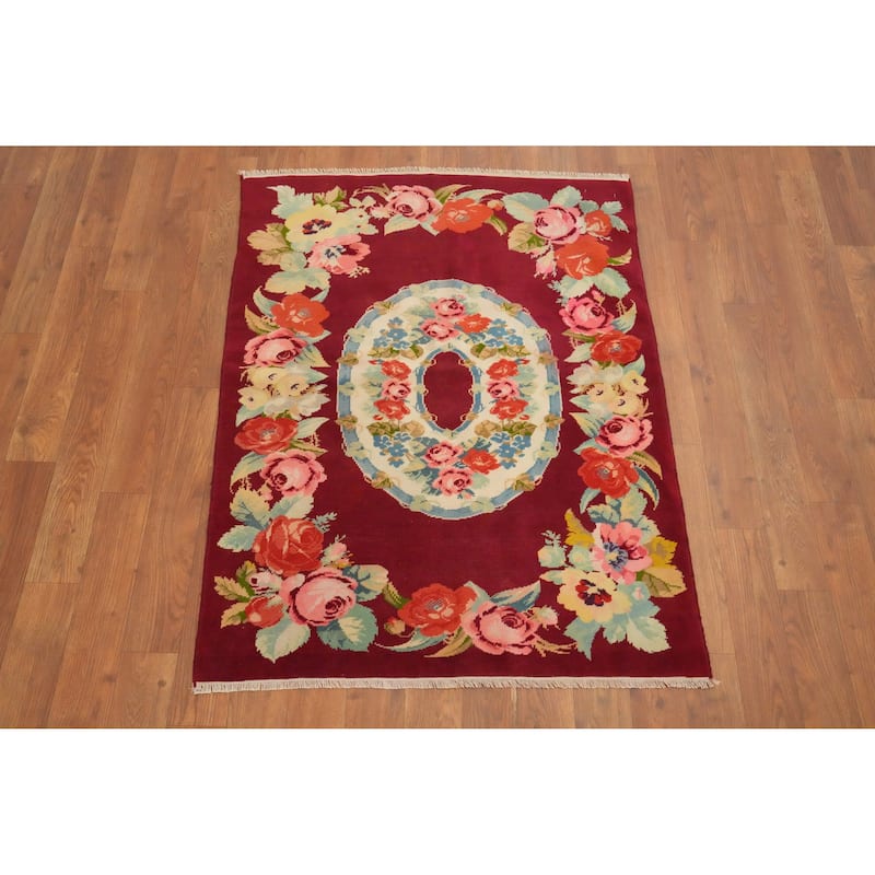 Hand Knotted Oriental 100% Wool Carpet Traditional Floral Red Karabagh Area Rug - 3' 3'' X 2' 6''