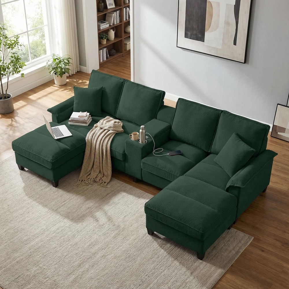 Homy Casa 120" U-Shaped Modular Corduroy Sectional Sofa Bed w/ Storage, Cup Holders & USB, 4-Seat (Beige/Green/Gray/Black)