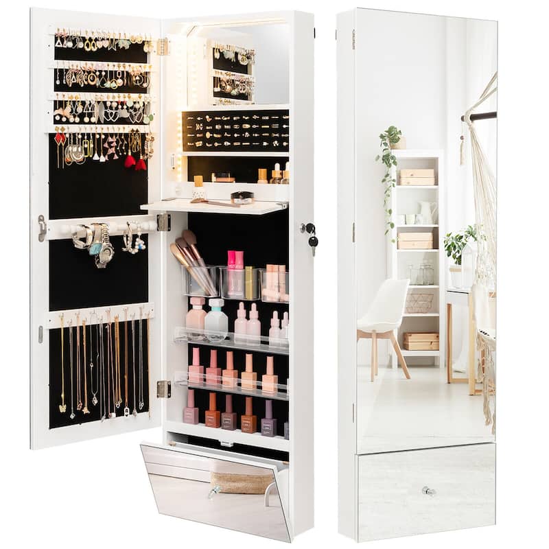 Gymax Wall Mounted Jewelry Cabinet Armoire Full-Length Mirror w/ LED - White