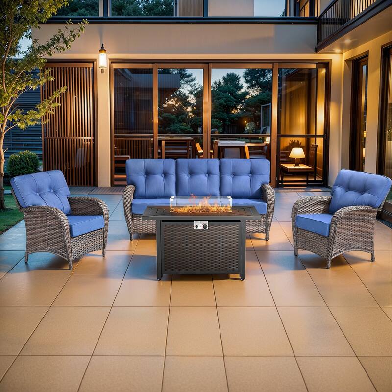 Pocassy Outdoor 43 In Fire Table with Sofa Patio Swivel Chair Set - Brown Wicker Blue Cushion - 6-Piece Sofa Patio Chair with Fire Pit Table