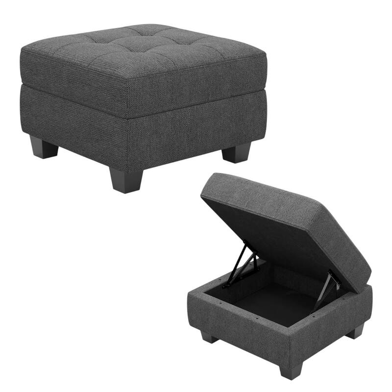 HomeRoots 26" Light Gray and Black Linen Tufted Storage Ottoman
