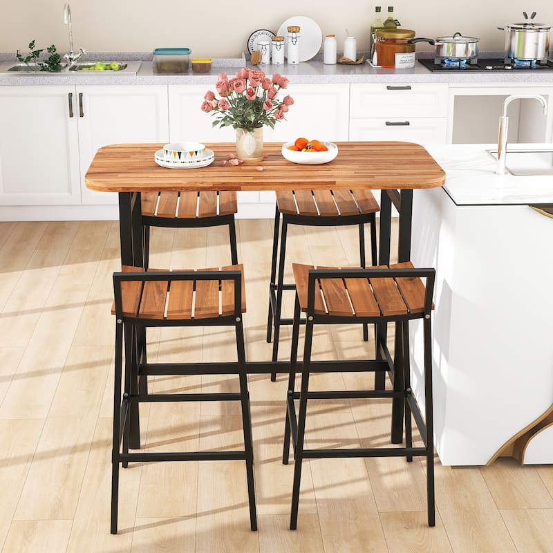Gymax Acacia Wood Patio Table & Chair Set 5 Pcs Outdoor Dining Set w/