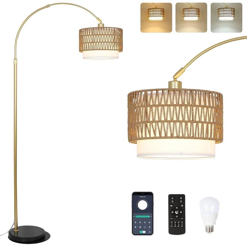 Arc Floor Lamp,Rattan & Linen Shades,Adjustable Height Floor Lamp with Remote & Dimming Bulb,Standing Lamp,3 Color Temperatures - Brown+Gold
