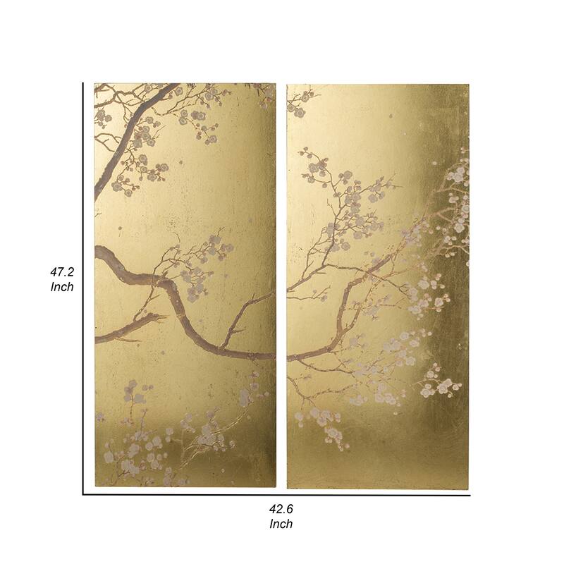Tim 47 Inch Tall Wall Art Set of 2, Divided Floral Design, Gold, Brown