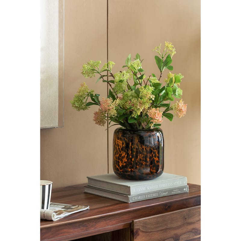 Brown and Amber Glass Vase with Cheetah Motif, Short, 7.9x7.9" - Amber,Brown