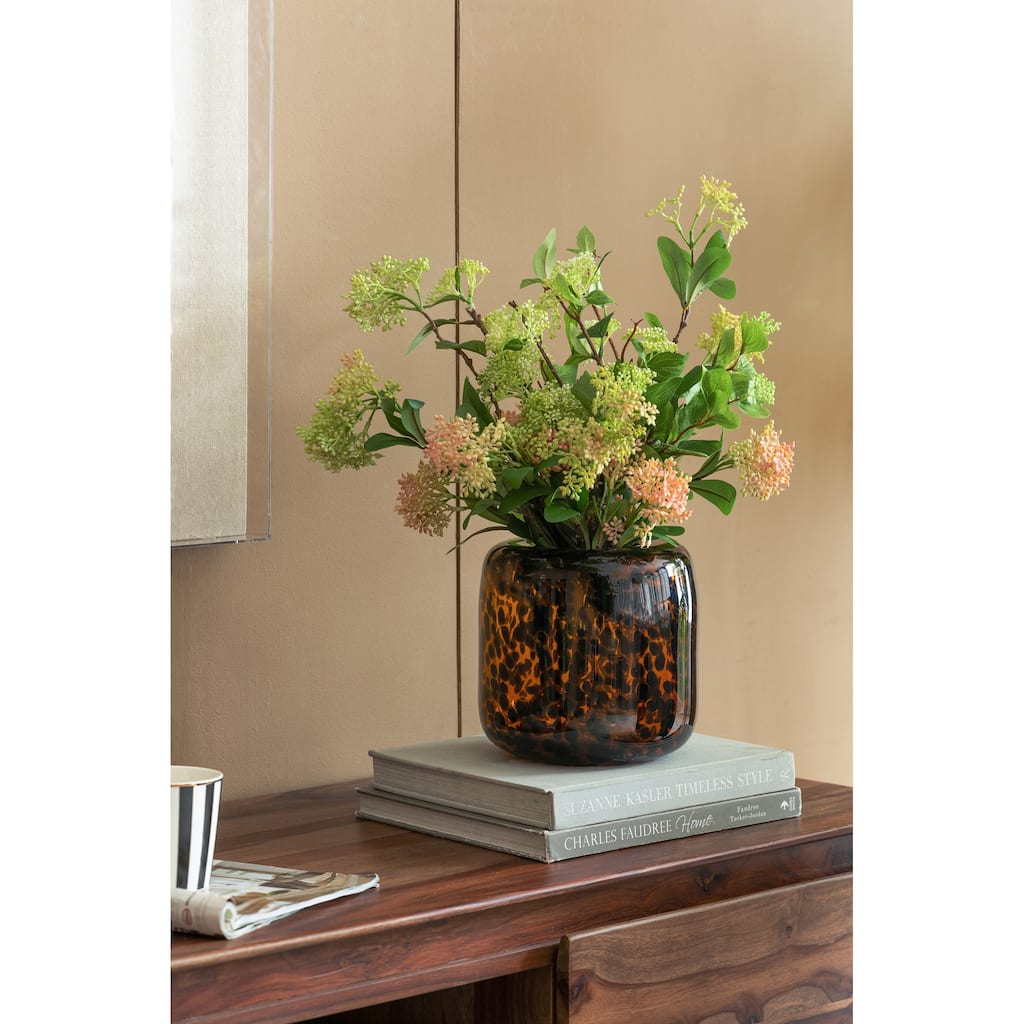 Brown and Amber Glass Vase with Cheetah Motif, Short, 7.9x7.9"