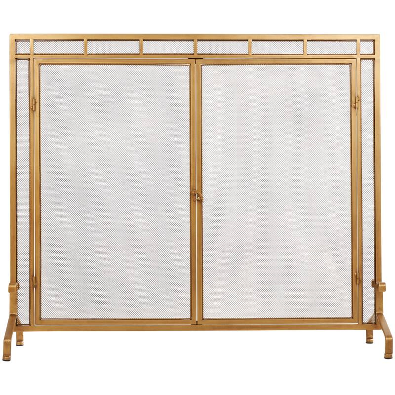 Metal Geometric Single Panel Fireplace Screen with Latched Doors and Arched Feet - Gold - Roche River Decor - 13"Wx39"Lx34"H