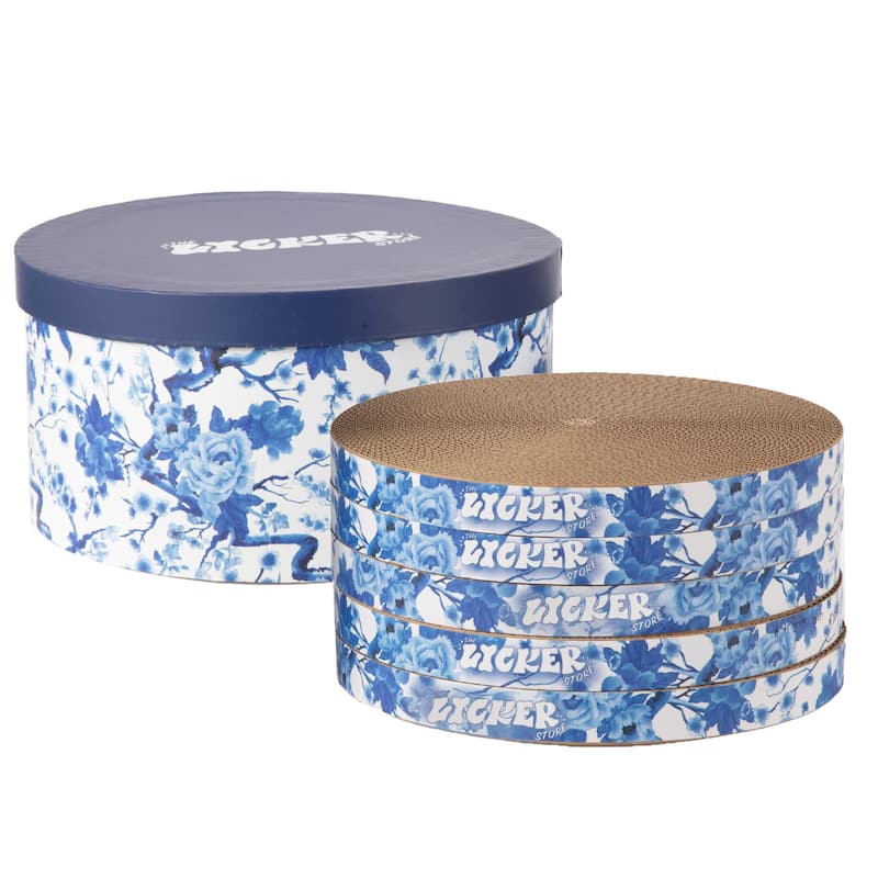 Kate 12" Modern Patterned Cardboard Reversible Cat Scratcher Pad In Box with Catnip, Blue/White (5-Pack)