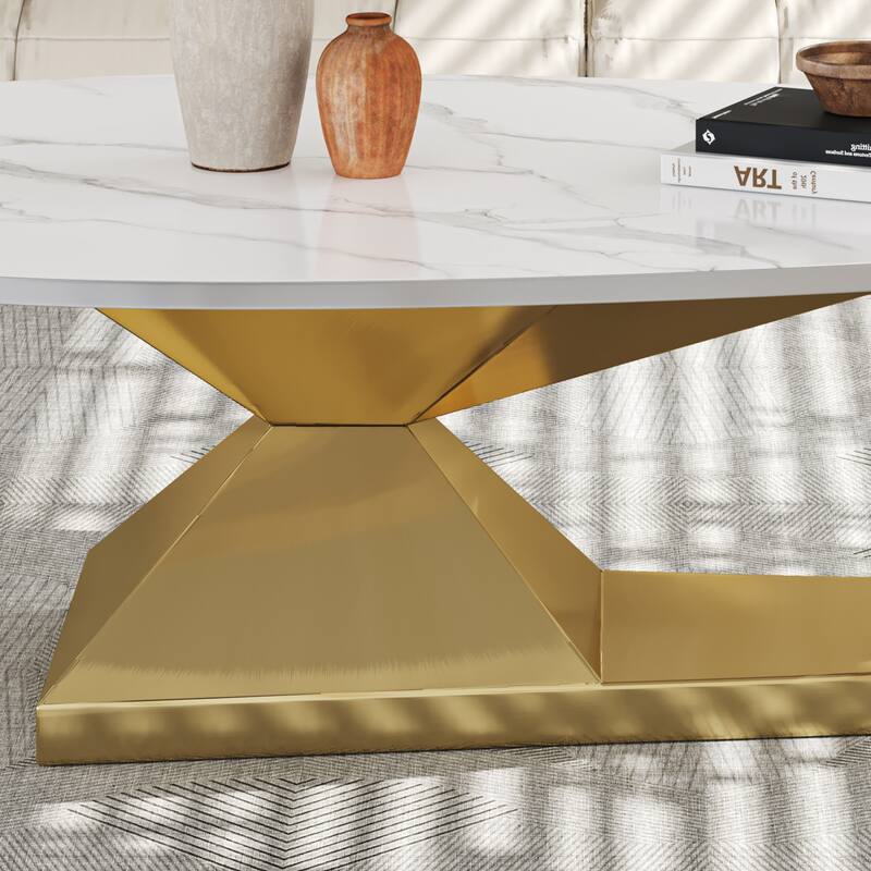 Modern Sintered Stone Tabletop Coffee Table with Stainless Steel Base - Elegant and Durable Living Room Centerpiece