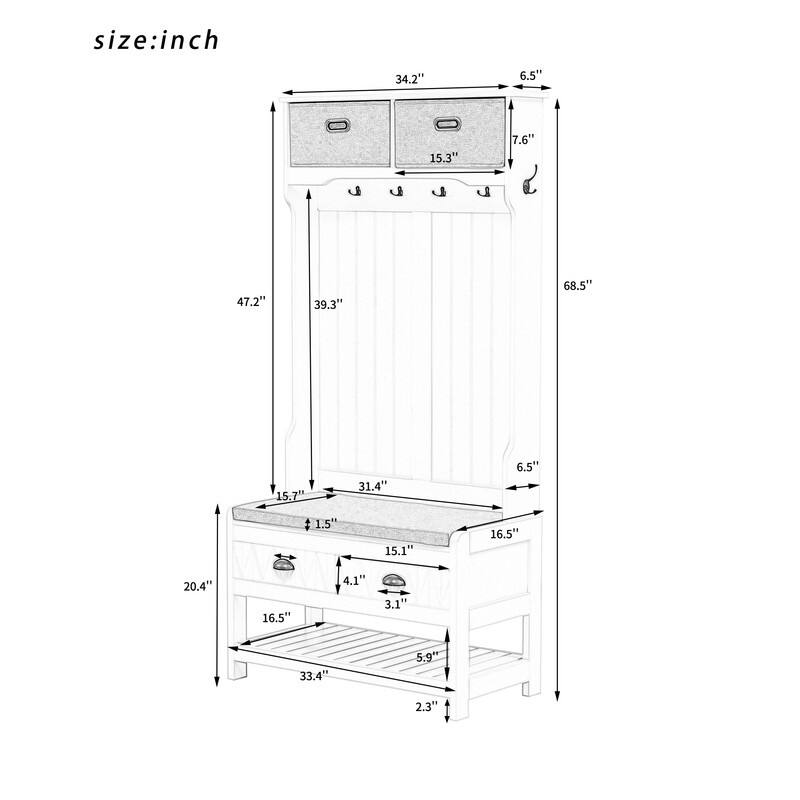 3-in-1 Design Hall Tree with 6 Hooks and Hinged Lid，Entryway Bench with Coat Hanger