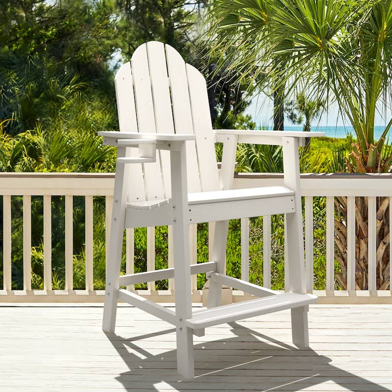LUE BONA All Weather Plastic Outdoor Bar Stool Adirondack Chairs Bar Height Arm Chairs with Cup Holder for Balcony, Deck, Patio - White
