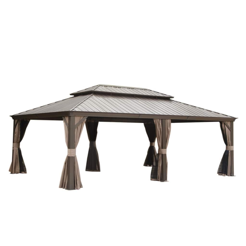 14x24FT Hardtop Gazebo with Double Roof, Aluminum Frame, Built-in Gutter, Curtains and Netting for Outdoor Use