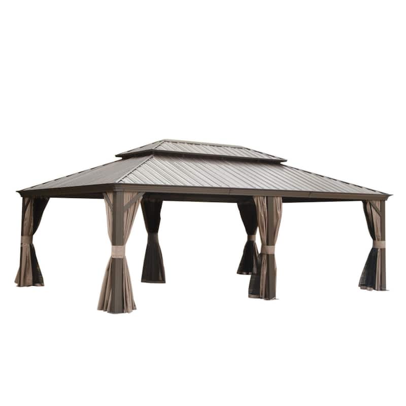 14x24FT Hardtop Gazebo with Double Roof, Aluminum Frame, Built-in Gutter, Curtains and Netting for Outdoor Use - Brown