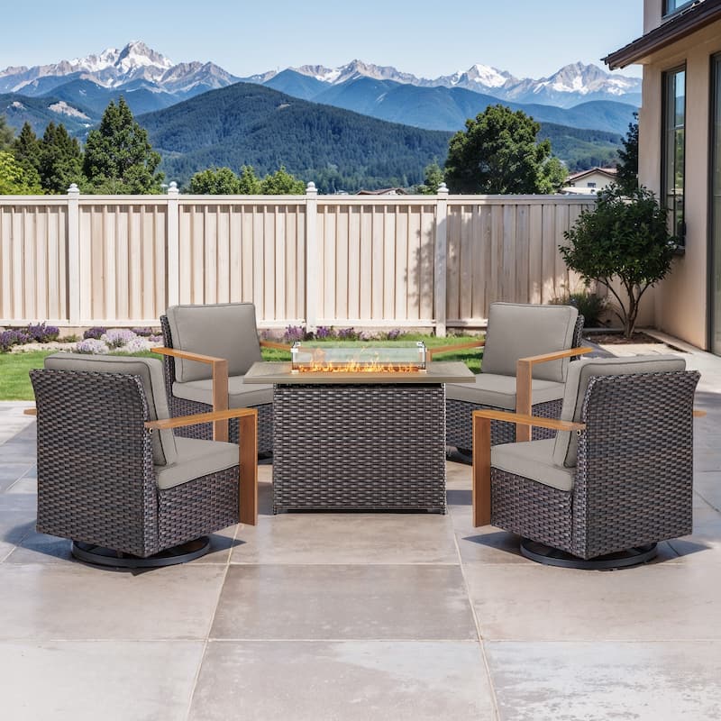 Pocassy Fire Pit Table with Outdoor Sofa Chair Ottoman Set - Brown Wicker Gray Cushion - 5-Piece Swivel Chair with Rectangle Fire Table