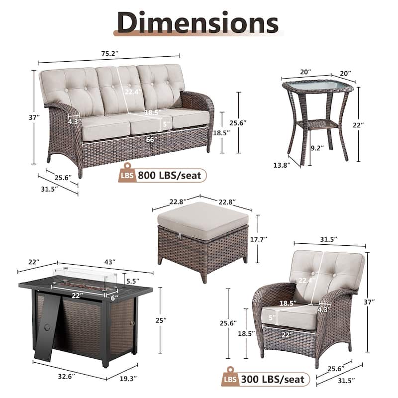 TWrap 7-Piece Wicker Patio Iron Fire Pit Conversation Set with 3-Seat Sofa & Armchairs