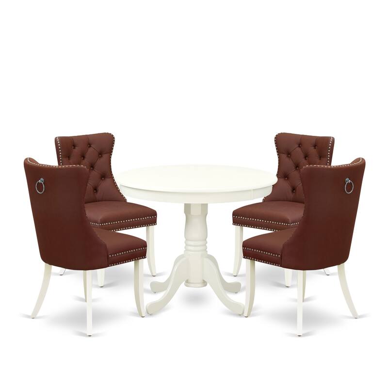 East West Furniture Dining Table Set Includes a Round Dining Table and Upholstered Chairs, Linen White (Pieces Options)