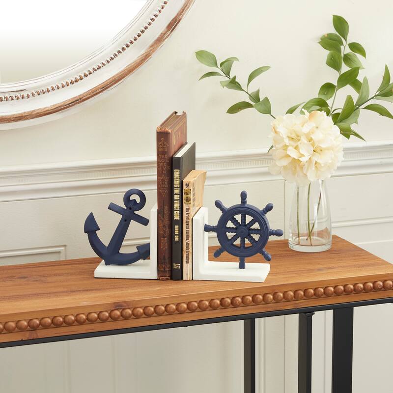 Blue Metal Anchor and Ship Wheel Decorative Bookends (Set of 2) - Blue