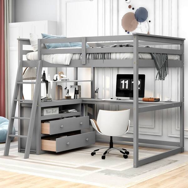slide 2 of 16, Cottage Modern Style Full Size Loft Bed with Sloping Ladder,Built-in Desk and Shelves,Drawers for Storage,Sturdy Wood Frame Gray