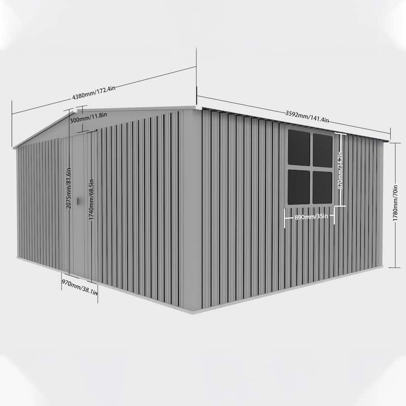 14x12 ft Outdoor Storage Shed, Metal Shed Firewood Shed, Grey