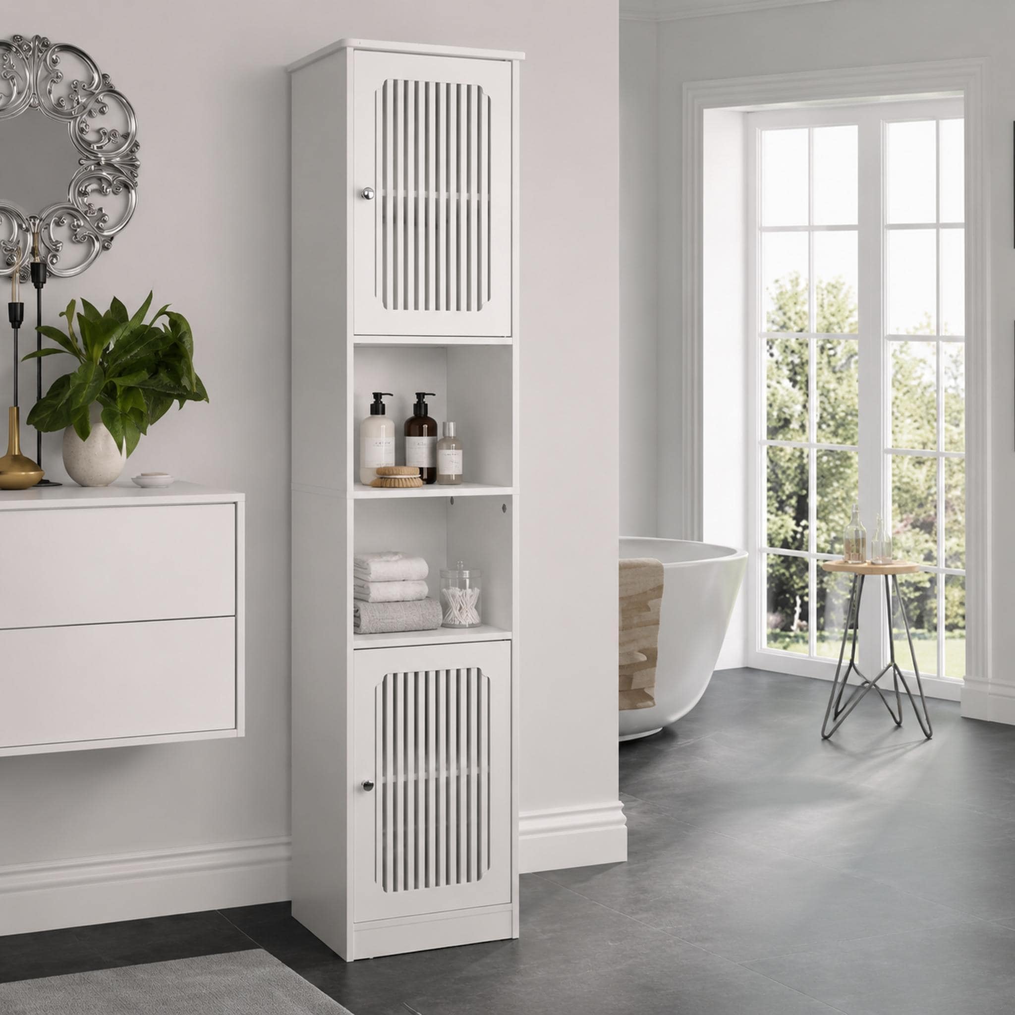 64"Bathroom Tall Cabinet With Adjustable Drawer Shelves, Louvered Door Floor-Standing Storage Unit, Multi-Tiered Narrow Cabinet