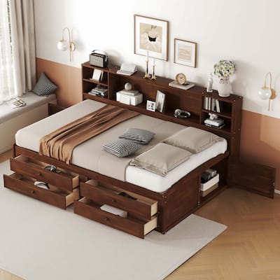 Full Size Wooden Captain Bed with Built-in Storage Shelves