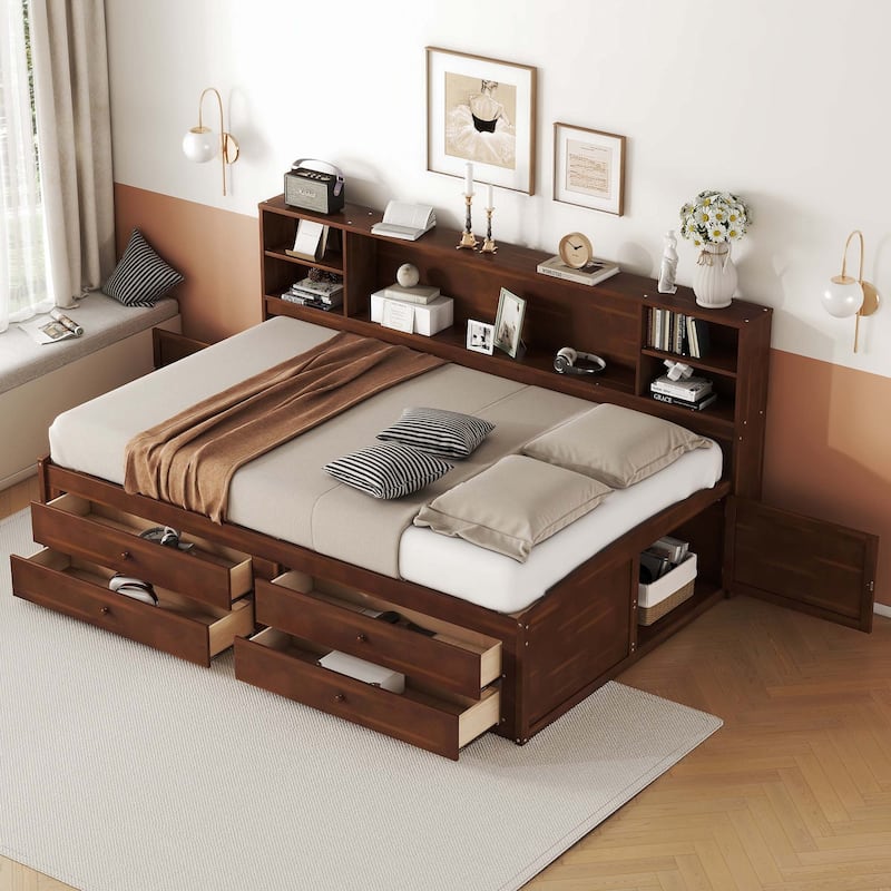 Wooden Captain Bed with Built-in Storage Shelves - Antique Brown - Full
