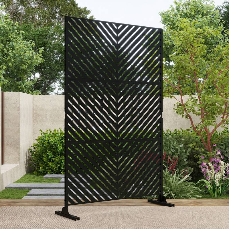 Outdoor 75'' x 47'' Metal Privacy Screen Fence Panel Line Pattern - 006-Oblique Line - Black