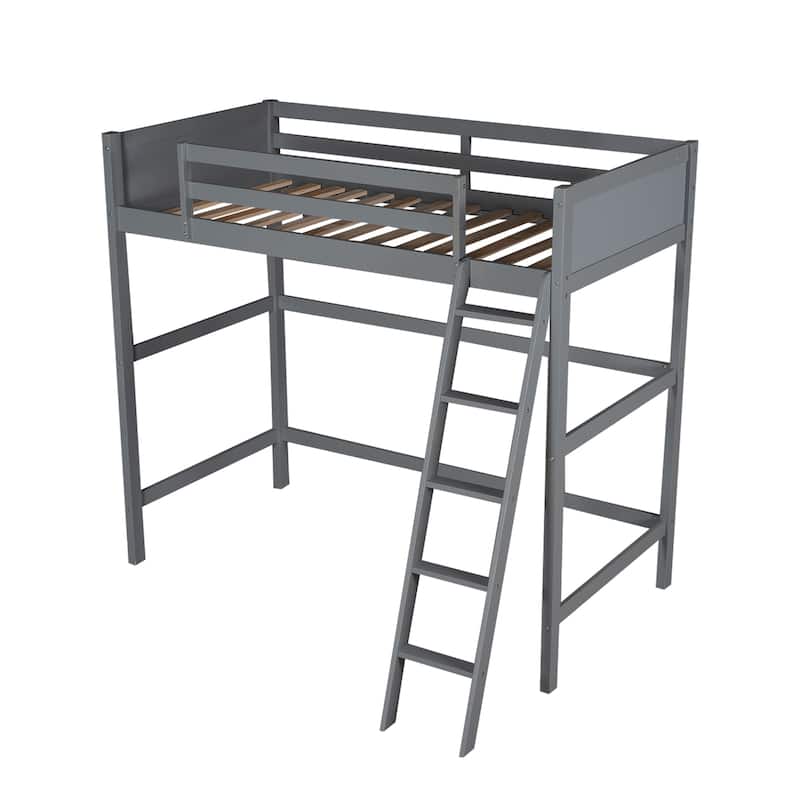 Modern Simple Style Twin Size Solid Pine Wood Loft Bed with Full Length Guardrail and Inclined Ladder