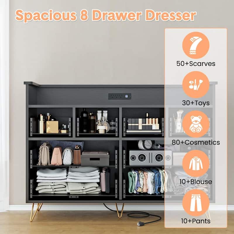 8 Drawer Wood Dresser, with Power Outlet and LED Lights