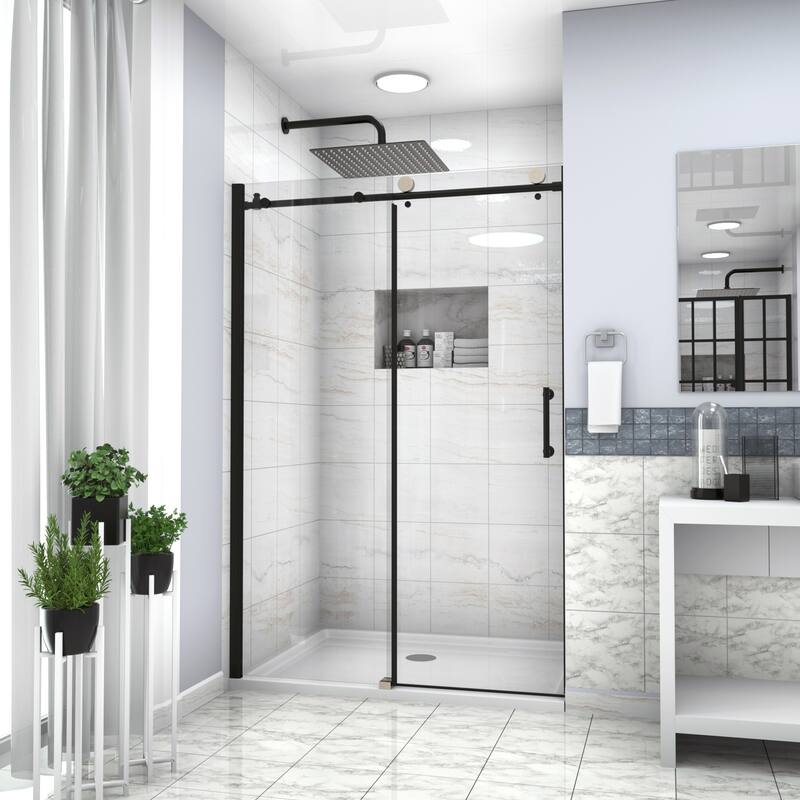 48"W x 76"H Single Sliding Semi-Frameless Shower Door - 48'' x 0.32'' x 76'' - Matte Black