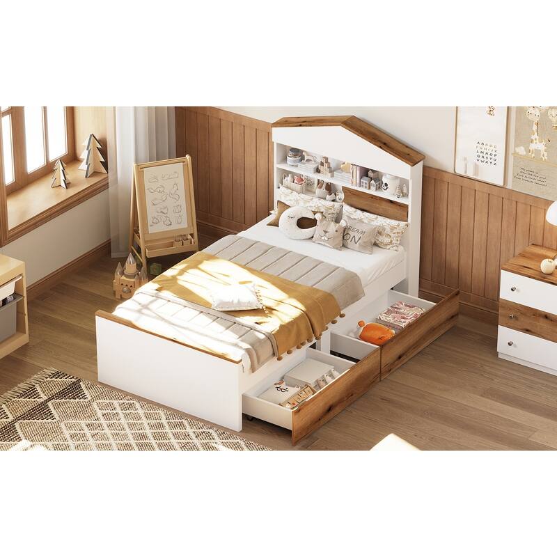 Twin Size Wood Platform Bed with Storage Shelf , Built-in Two Storage Drawers