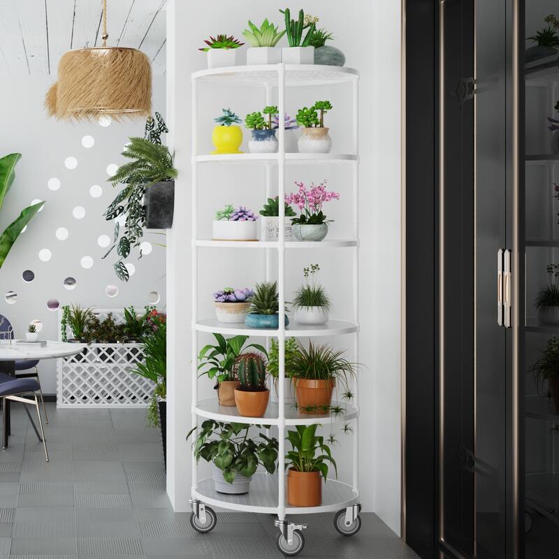 6-layer circular shelf with wheels,White/Black/Silver - 6 Tier