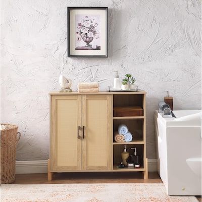 Bohemian Storage Cabinet with Woven Rattan Doors for Kitchen,Bedroom - Natural