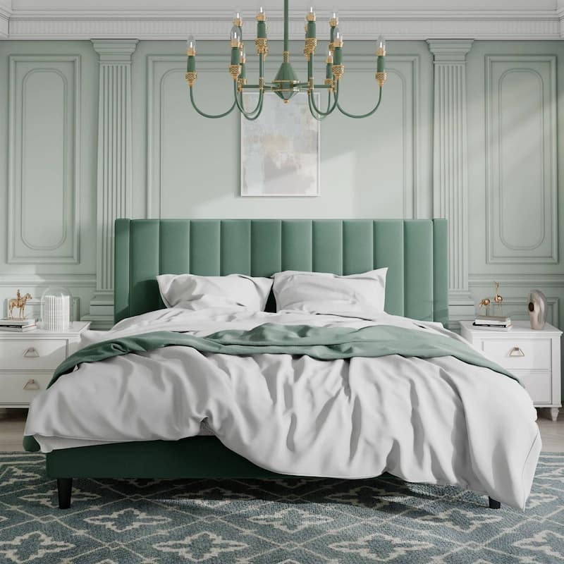 Modern Green Velvet Upholstered Platform Bed with Headboard