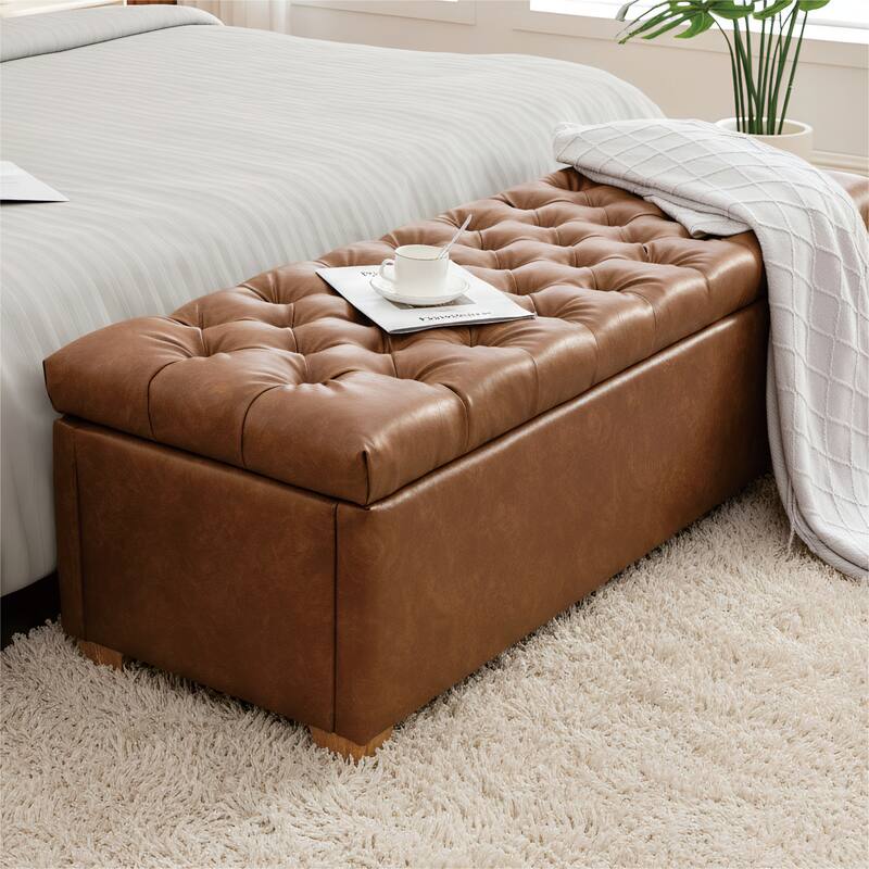 60.24" Wide Modern Upholstered Storage Bench,Entryway Bench,End of Bed Bench - Brown/PU