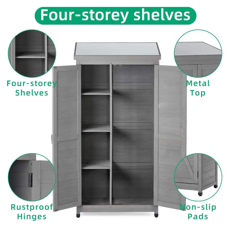 Outdoor Storage Cabinet with Magnetic Door, Garden Storage Shed with Rust-proof and Waterproof Metal Top, Wood Tall Shed