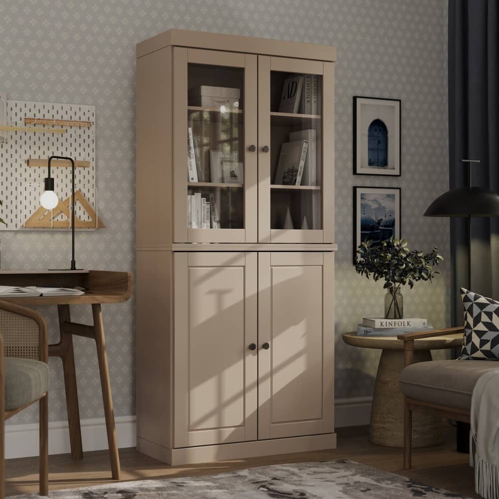 Palace Imports Solid Wood 6-Shelf Bookcase, Raised Panel Clear Glass Doors, Adjustable Shelves