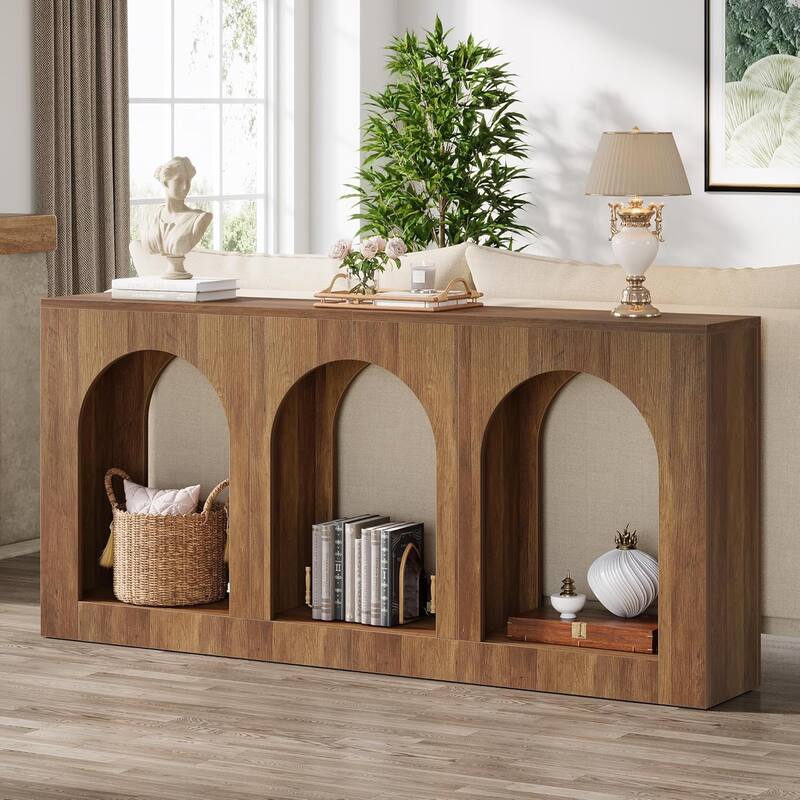 70.9" Console Table with Storage, Wood Entryway Table with 3 Arched Shelves - 11.8"L x 70.9"W x 35.4"H