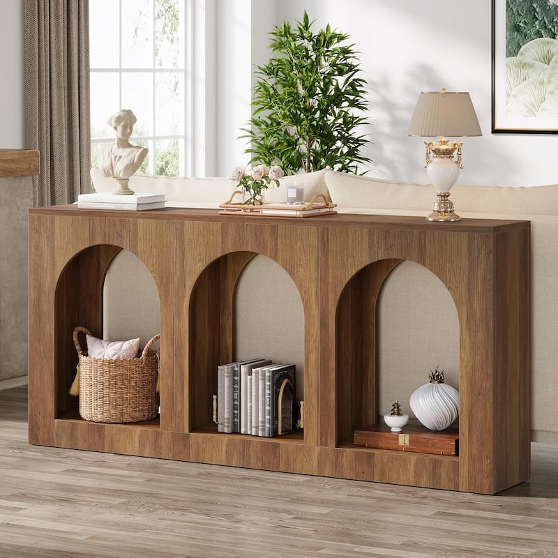 Wood Entryway Entry Table with 3 Arched Shelves for Foyer - Brown