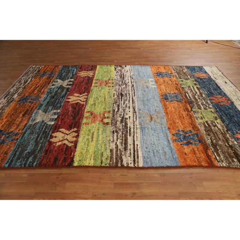 Striped Colorful Moroccan Oriental Area Rug Hand-Knotted Wool Carpet - 6'9" x 9'8"
