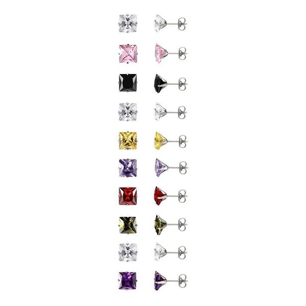 Solitaire Princess Cut Earrings 6mm Studs Purple Green Black Cubic Zirconia Stud