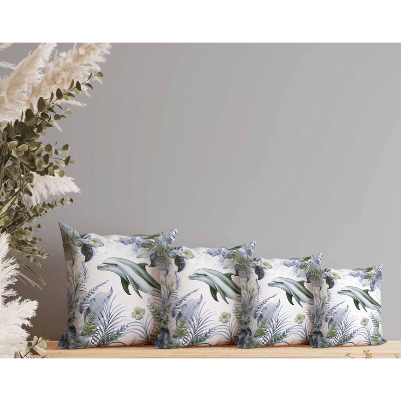 Dolphin Haven Indoor/Outdoor Reversible Throw Pillow Green and Blue
