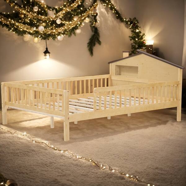 slide 2 of 9, Full Wood Platform Bed with LED & Storage, House Headboard Natural