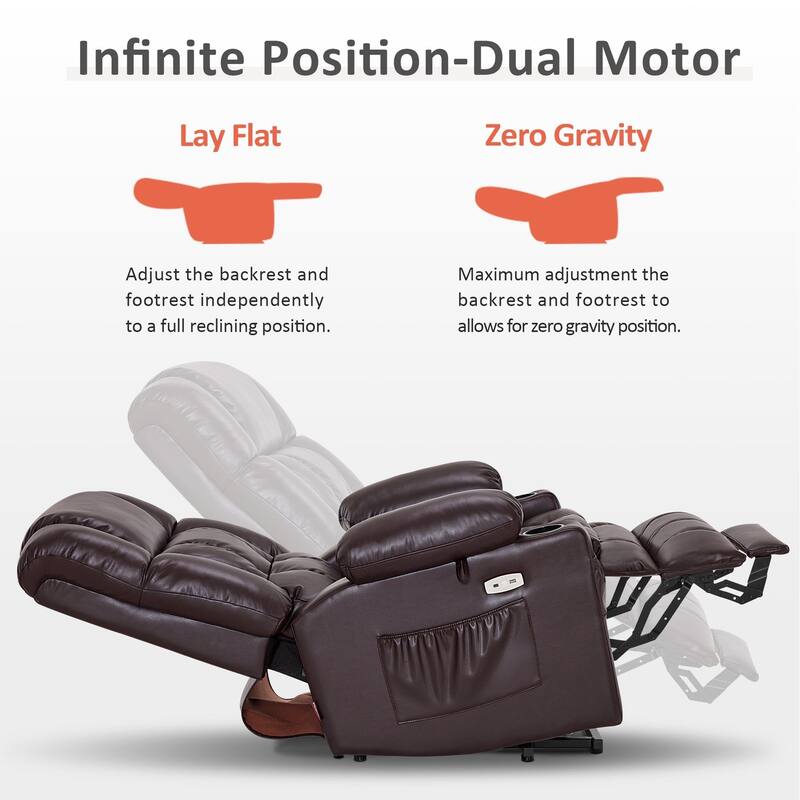 MCombo Medium Dual Motor Power Lift Recliner Chair Infinite Position, Massage and Heat, Extended Footrest, Faux Leather 7890