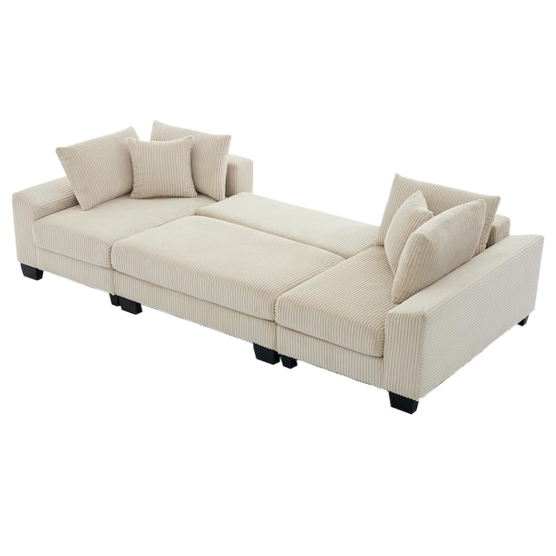114" Corduroy U-Shaped Sleeper Sofa with Pull-Out Bed, 4 Back Cushions and 2 Throw Pillows